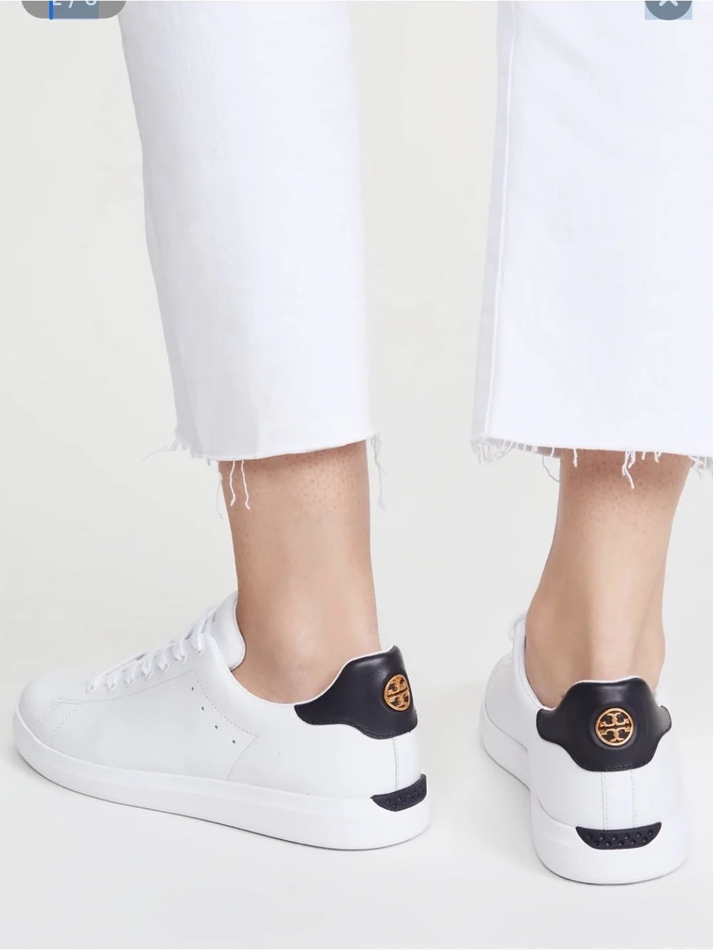 Tory Burch White Leather Sneakers with Black Heel Patch and Gold Emblem